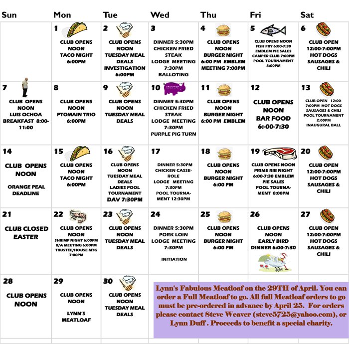 Orange Elks Lodge 1475 Calendar Current Month