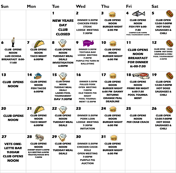 Orange Elks Lodge 1475 Calendar Current Month