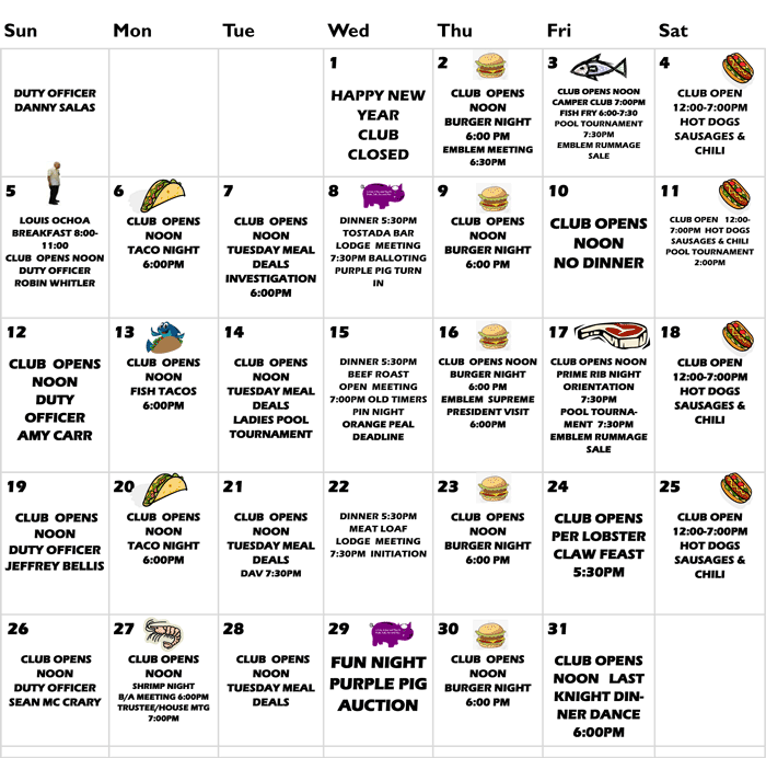 Orange Elks Lodge 1475 Calendar Current Month