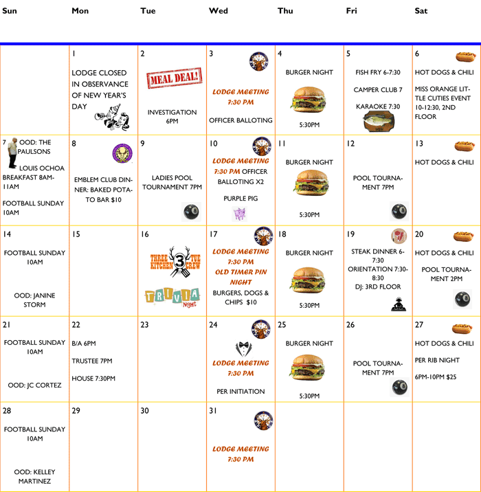 Orange Elks Lodge 1475 Calendar Current Month