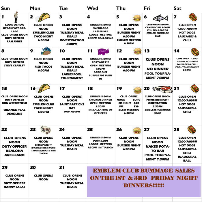 Orange Elks Lodge 1475 Calendar Current Month