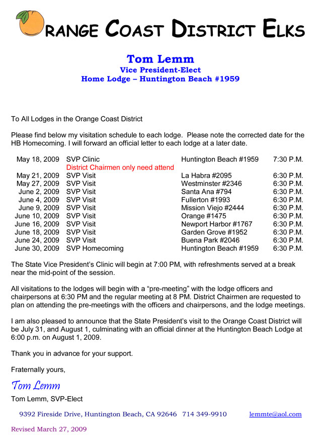 Tom Lemm, SVP-Elect Visitation Schedule