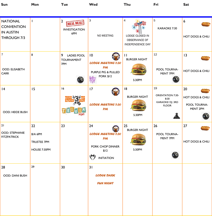 Orange Elks Lodge 1475 Calendar Next Month